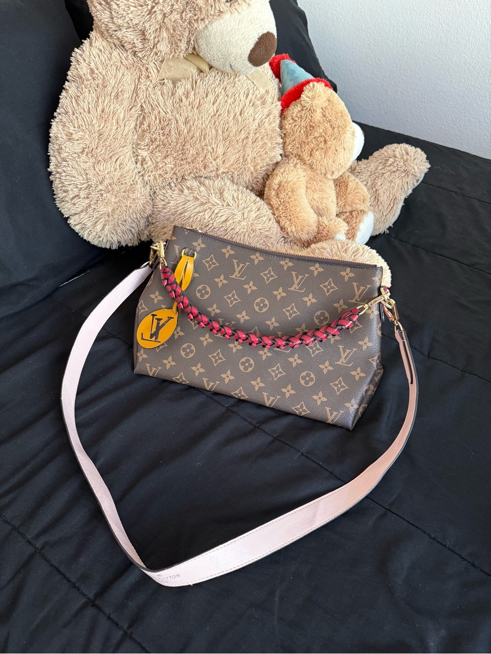 Louis Vuitton Brown Monogram Kids Crossbody with Pink Strap and Yellow Tag